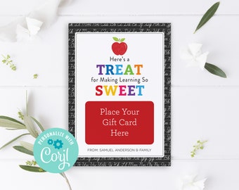 Portatarjetas de regalo imprimible para la Semana de agradecimiento a los maestros, obsequio de agradecimiento para maestros, nombre editable con Corjl, etiqueta de obsequio escolar con dulces
