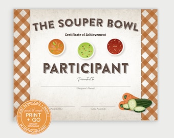 Printable Souper Bowl Award Winner Certificate, Participant Prize Winner Award, Soup Competition, Soup Contest Award Certificate