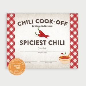 Printable Chili Cook-Off Award Winner Certificate, Spiciest Chili Prize Winner Award, NO EDITING Required, Just Download & Print