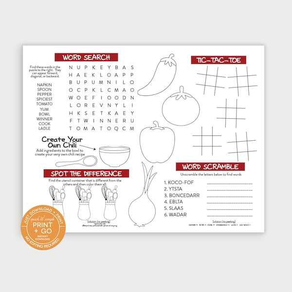 Printable Chili Cook-off Fun Activity and Game Sheet For Kids, Chili Cook-off Placemat, Simple to Use - Just Download and Print