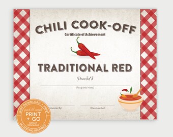 Printable Chili Cook-off Award Winner Certificate, First Place Prize ...