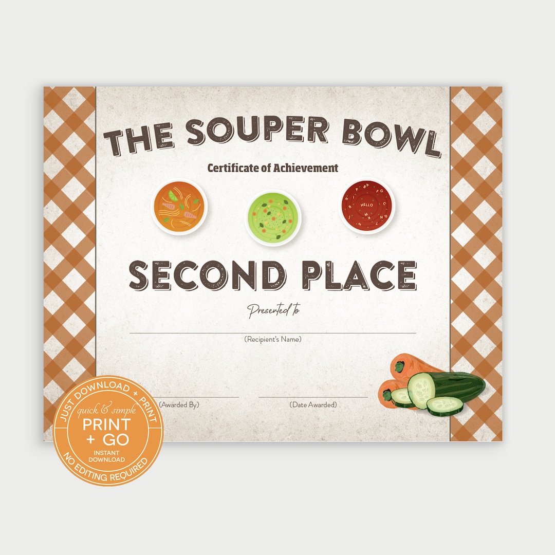 Printable Souper Bowl Award Winner Certificate, Second Place Prize ...