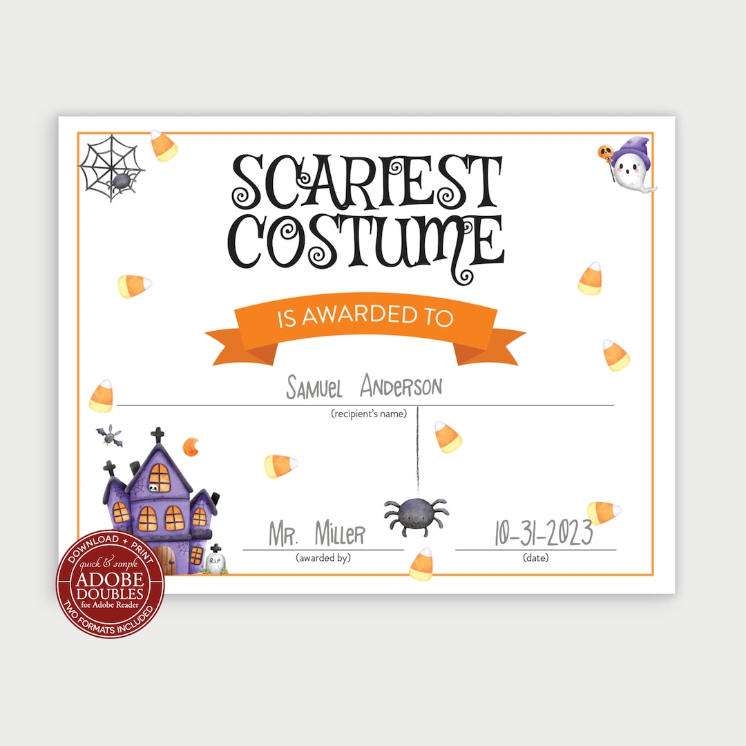 Printable Halloween Scariest Costume Award Certificate, Trick or Treat Costume Award, Halloween ...
