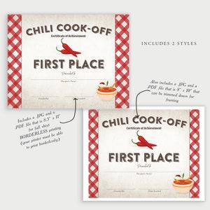 Printable Chili Cook-off Award Winner Certificate, First Place Prize ...