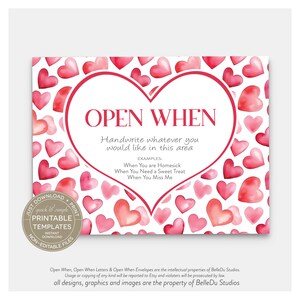AFDRUKBAAR Open wanneer brieven en enveloppen, implementatiebrieven, universiteitscadeau, lange afstand, vriend Valentijnsdagcadeau, liefdesballonharten