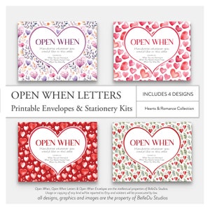 Paquete de cartas para imprimir "Abre cuando", cartas de despliegue, regalo universitario, larga distancia, regalo para novio, San Valentín, corazones y romance, paquete de 4
