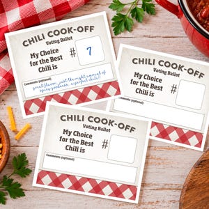 May include: Three square Chili Cook-Off voting ballots featuring a red and white checkered border at the bottom. Each card includes the text Chili Cook-Off, Voting Ballot, and My Choice for the Best Chili is, with a space for a number and comments.