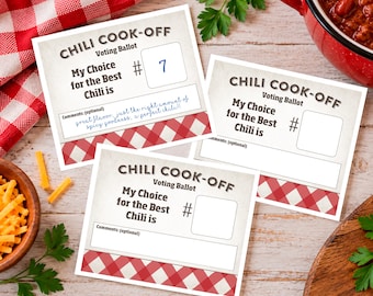 May include: Three square Chili Cook-Off voting ballots featuring a red and white checkered border at the bottom. Each card includes the text Chili Cook-Off, Voting Ballot, and My Choice for the Best Chili is, with a space for a number and comments.