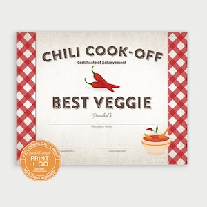 Printable Chili Cook-Off Award Winner Certificate, Best Veggie Prize Winner Award, NO EDITING Required, Just Download & Print