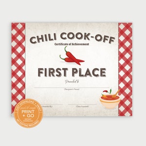 Printable Chili Cook-Off Award Winner Certificate, First Place Prize Winner Award, NO EDITING Required, Just Download & Print
