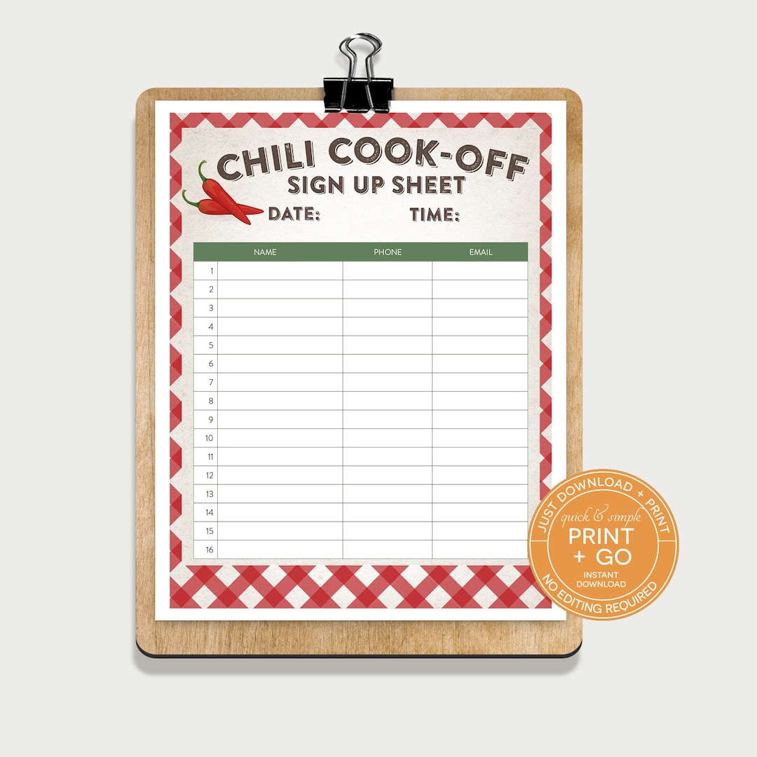 Printable Chili Cookoff Sign up Sheet, Cook off Participant Sign Up Printable Chili Cookoff Sign up Sheet, Cook off Participant Sign Up