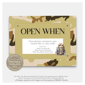 AFDRUKBAAR Open wanneer brieven en enveloppen, inzetbrieven, universiteitscadeau, lange afstand, vriendje valentijnscadeau, woestijncamouflage militair