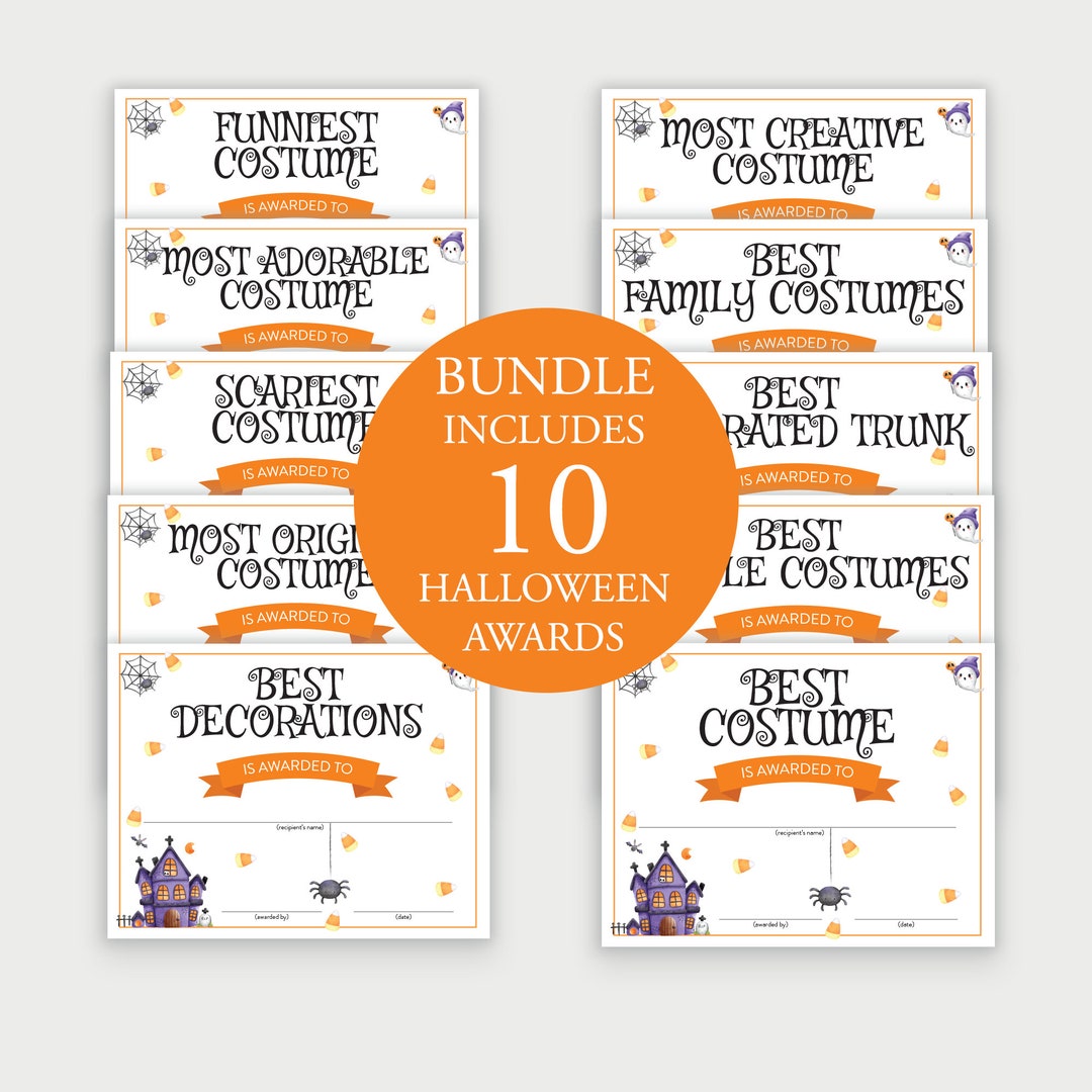 Printable Halloween Costume Award Certificate Bundle, Trick or Treat Costume Award, Decorations