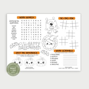 May include: A printable Halloween activity sheet with a word search, tic-tac-toe, word scramble, and spot the difference game. The sheet features a cute pumpkin with a witch's hat and a monster.
