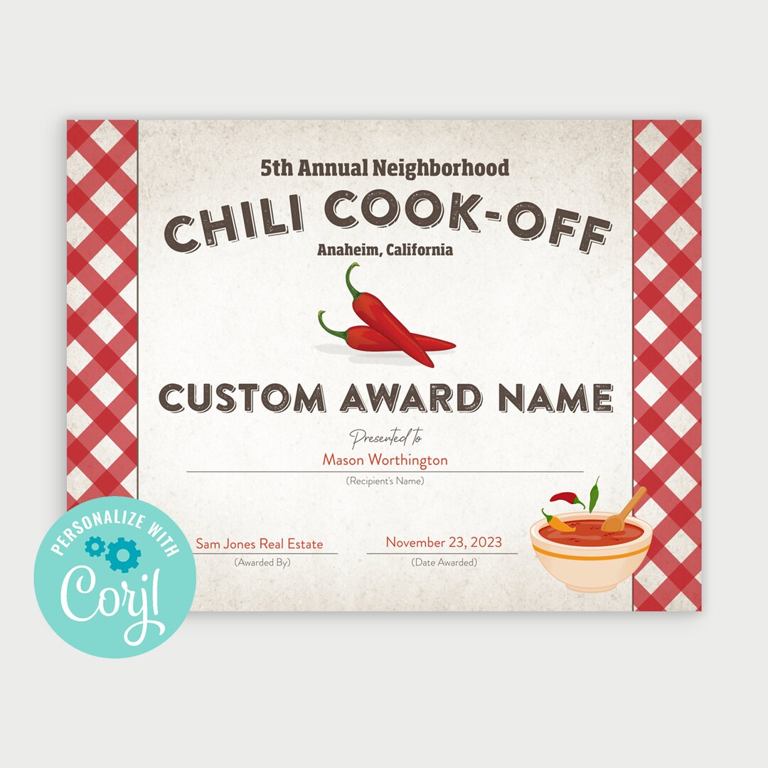 Printable Chili Cookoff Award Winner Certificate, Create Your Own Printable Chili Cookoff Award Winner Certificate, Create Your Own