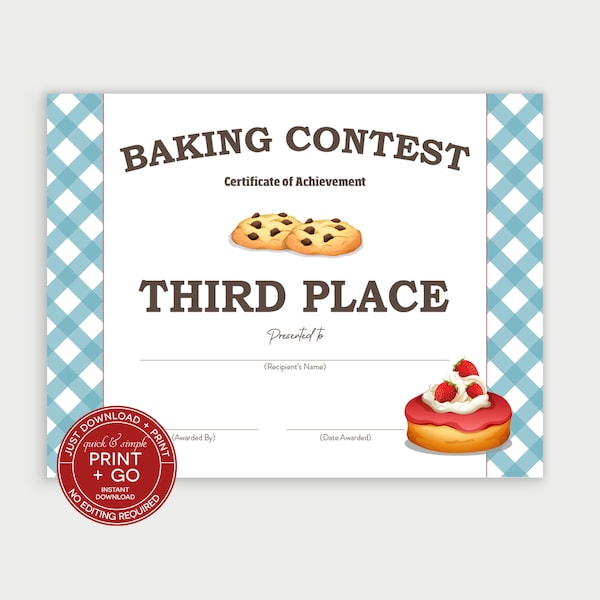 Printable Baking Contest Award Winner Certificate, Third Place Winner Award, Dessert Competition, NO EDITING Required, Just Download & Print