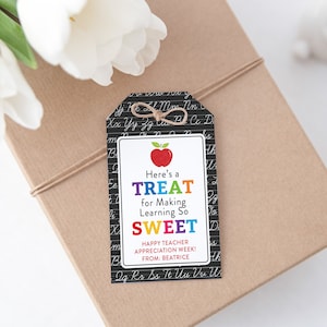 Afdrukbaar Teacher Appreciation Week-cadeaukaartje, bedankkaartje leraar, direct downloaden, bewerkbare naam met Corjl, schoolcadeau Sweet Treat-tag