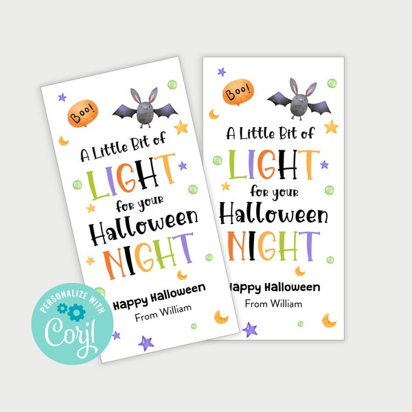 Printable Halloween Glow Stick Holder Tag, Editable A Little Bit of Light for Your Halloween Night Gift, Trick or Treat Tag, Edit with Corjl