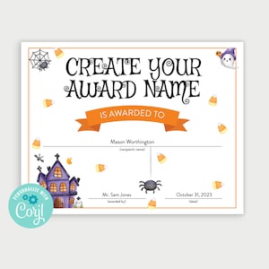 Printable Halloween Award Certificate, Editable Award, Best Costume Award, Best Trunk Decorations, Halloween Costume Award, Edit with Corjl