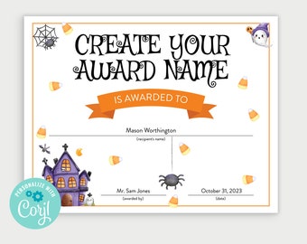 Printable Halloween Award Certificate, Editable Award, Best Costume Award, Best Trunk Decorations, Halloween Costume Award, Edit with Corjl