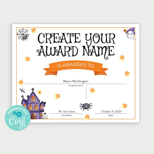 Printable Halloween Award Certificate, Editable Award, Best Costume Award, Best Trunk Decorations, Halloween Costume Award, Edit with Corjl