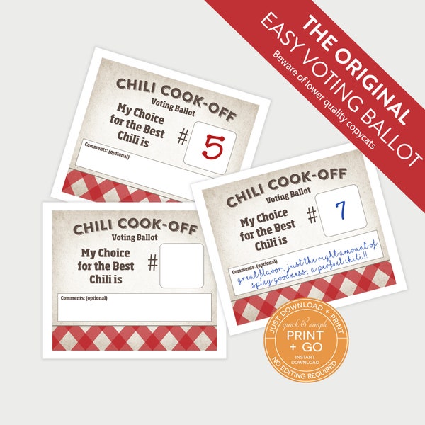 The ORIGINAL Printable Chili Cook-Off Easy Ballots, Cook Off Competition Ranking Card, NO EDITING Required, Just Download & Print