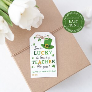 Printable So Lucky to Have a Teacher Like You Gift Tag, Gift for Teacher, St. Patrick's Day, Easy to Download + Print, Treat Tag