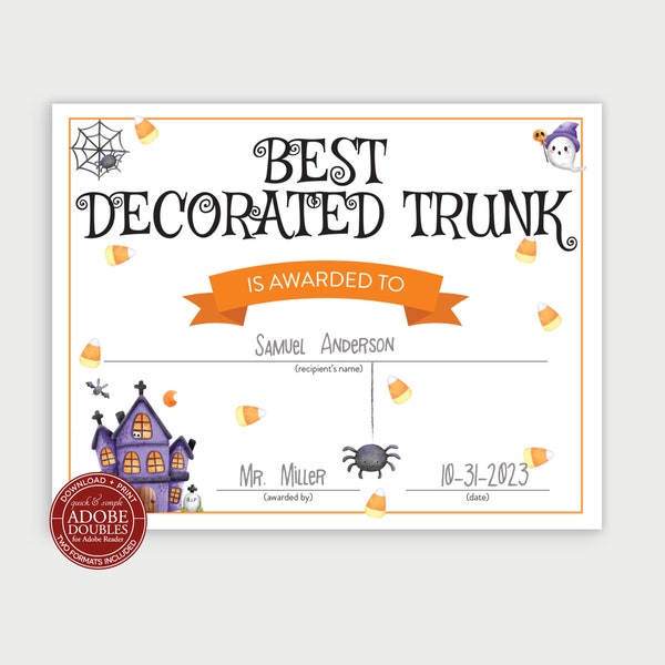 Printable Halloween Best Decorated Trunk Award Certificate, Trick or Treat Costume Award, Halloween Costume Winner Trunk or Treat