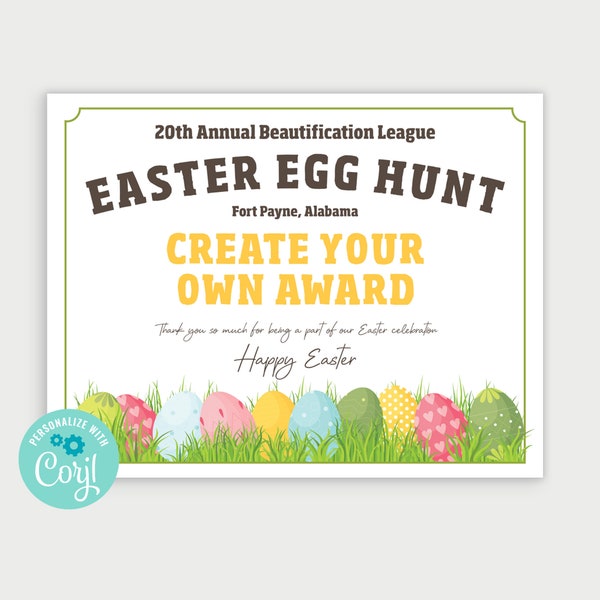 Printable Create-Your-Own Easter Egg Hunt Award Certificate, Custom Categories with Corjl, Easter Certificate, Edit Online, Download & Print