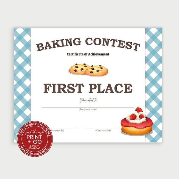 Printable Baking Contest Award Winner Certificate, First Place Winner Award, Dessert Competition, NO EDITING Required, Just Download & Print