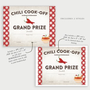 Printable Chili Cook-off Award Winner Certificate, Grand Prize Winner ...