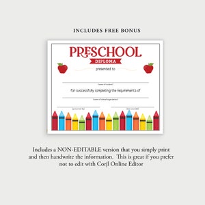 DIY Editable Preschool Diploma, Preschool Graduation Certificate
