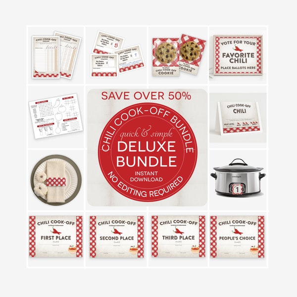 Printable Chili Cook-Off Deluxe Bundle, Awards, Easy Ballots, Scorecards, Crockpot Numbers + More, NO EDITING Needed, Just Download & Print