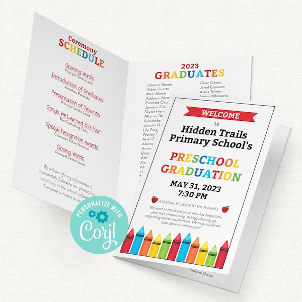 DIY Editable Preschool Graduation Program, Preschool Graduation Invitation Program, Preschool End of Year, Edit Online with Corjl