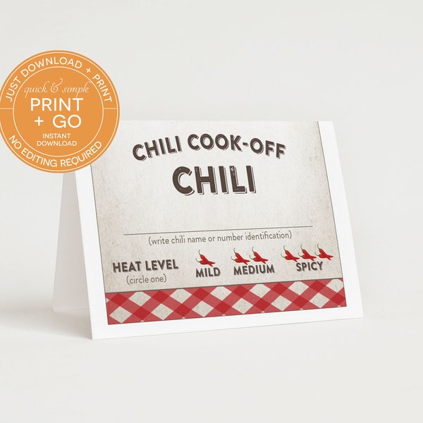 Printable Chili Cook-Off Table Cards, Cook Off Competition Table Identification Card, NO EDITING Required, Just Download & Print