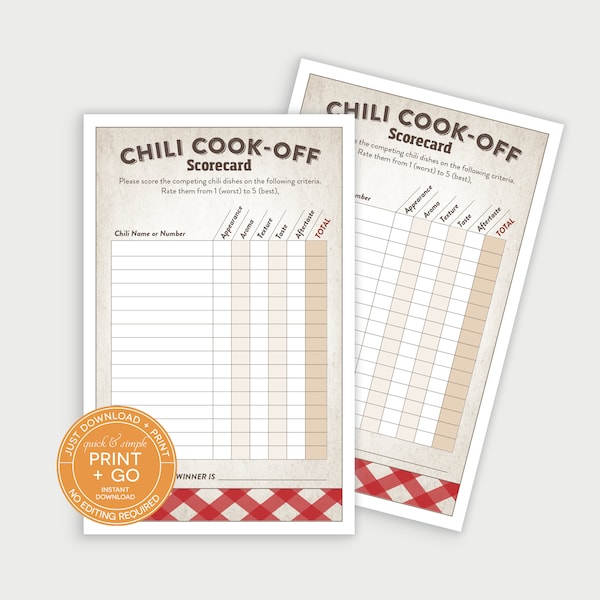 Printable Chili Cook-Off Scorecard, Cook Off Competition Ranking Card, NO EDITING Required, Just Download & Print