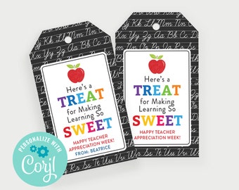 Printable Teacher Appreciation Week Gift Tag, Teacher Thank You Tag, Instant Download, Editable Name with Corjl, School Gift Sweet Treat Tag