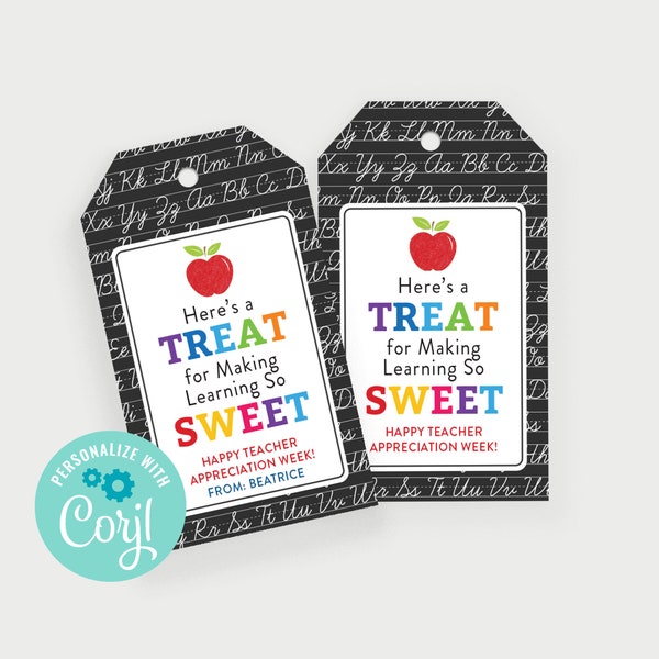 Printable Teacher Appreciation Week Gift Tag, Teacher Thank You Tag, Instant Download, Editable Name with Corjl, School Gift Sweet Treat Tag
