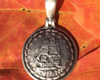Sterling Silver Confederate Navy "man-of-war" Ship Button / Civil War Relic Hanger