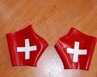 Red Cross Nurse Latex Rubber Gauntlets / Fingerless Gloves