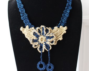 Blue handmade necklace, crochet necklace, elegant accessories, blue necklaces, jewelry, Irish lace, décolleté necklace and maxi
