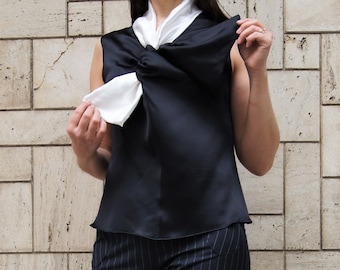 Elegant black and white silk blouse with front bow and V-neck. Top with bow, elegant top, blouse for her.