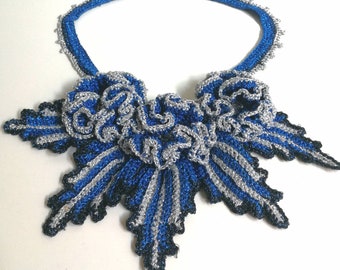 Crochet Blue Lurex Necklace Elegant Accessories Necklace with flowers Fashion accessories Gift for her