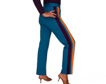 Straight Tailored Ankle Pants with Colored Side Bands/ Two-tone high-waisted trousers / High-waisted trousers with colored side bands