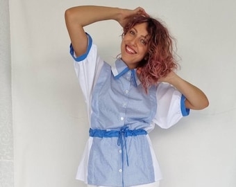 White and Blue Striped Apron Blouse with Ruffled Waist and Balloon Sleeves with Country Collar