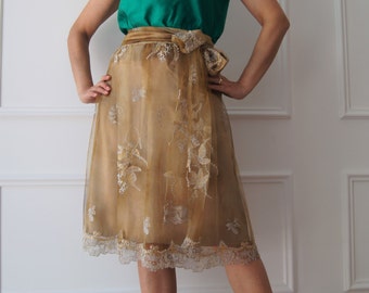 Embroidered Tulle Skirt Knee-length and Midi Skirt Pleated Skirt Gold Tulle Skirt Skirt with Bow