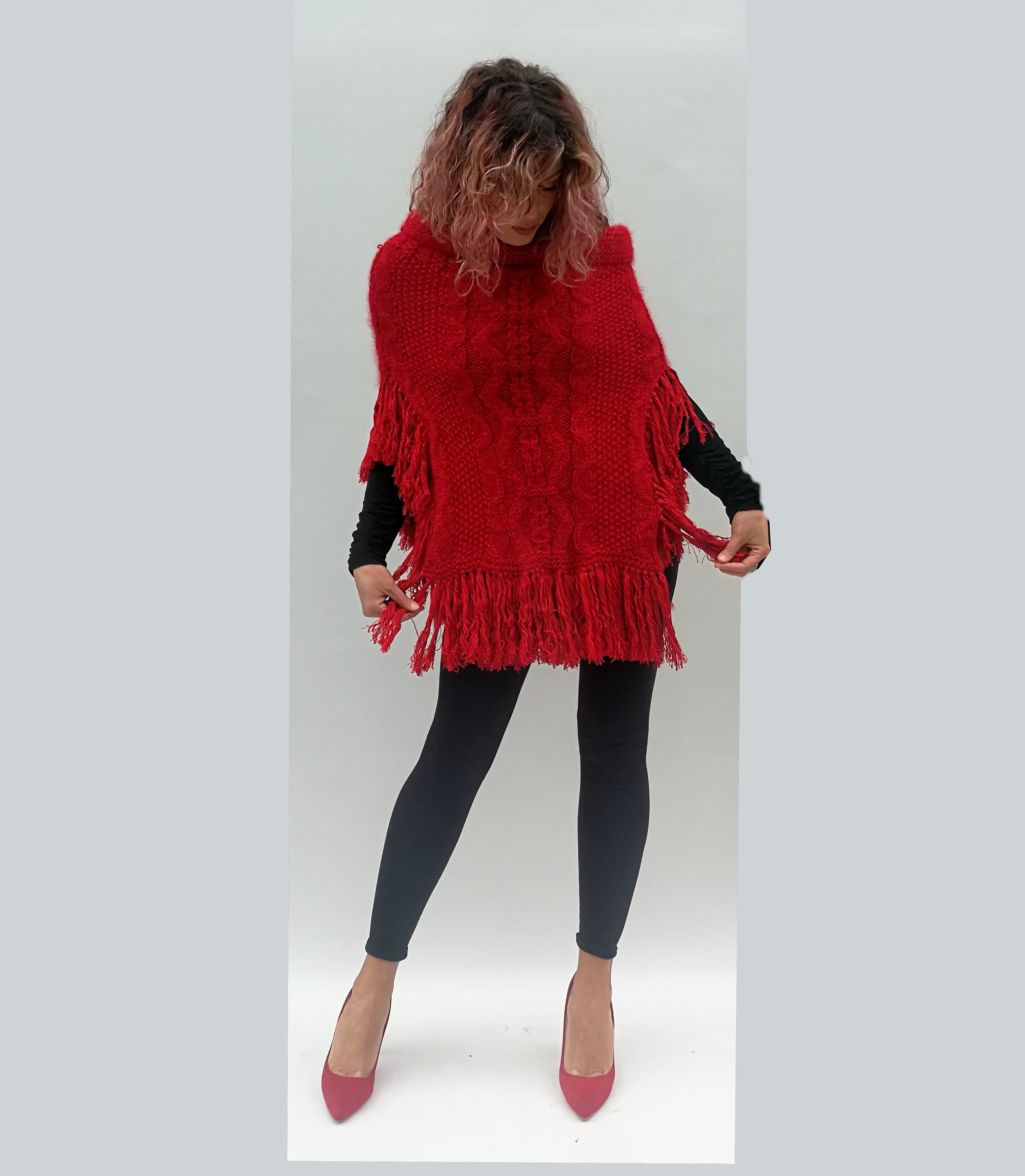 Red Poncho in Cashmere and Wool, Poncho With Fringes, Boho Chic Jacket ...