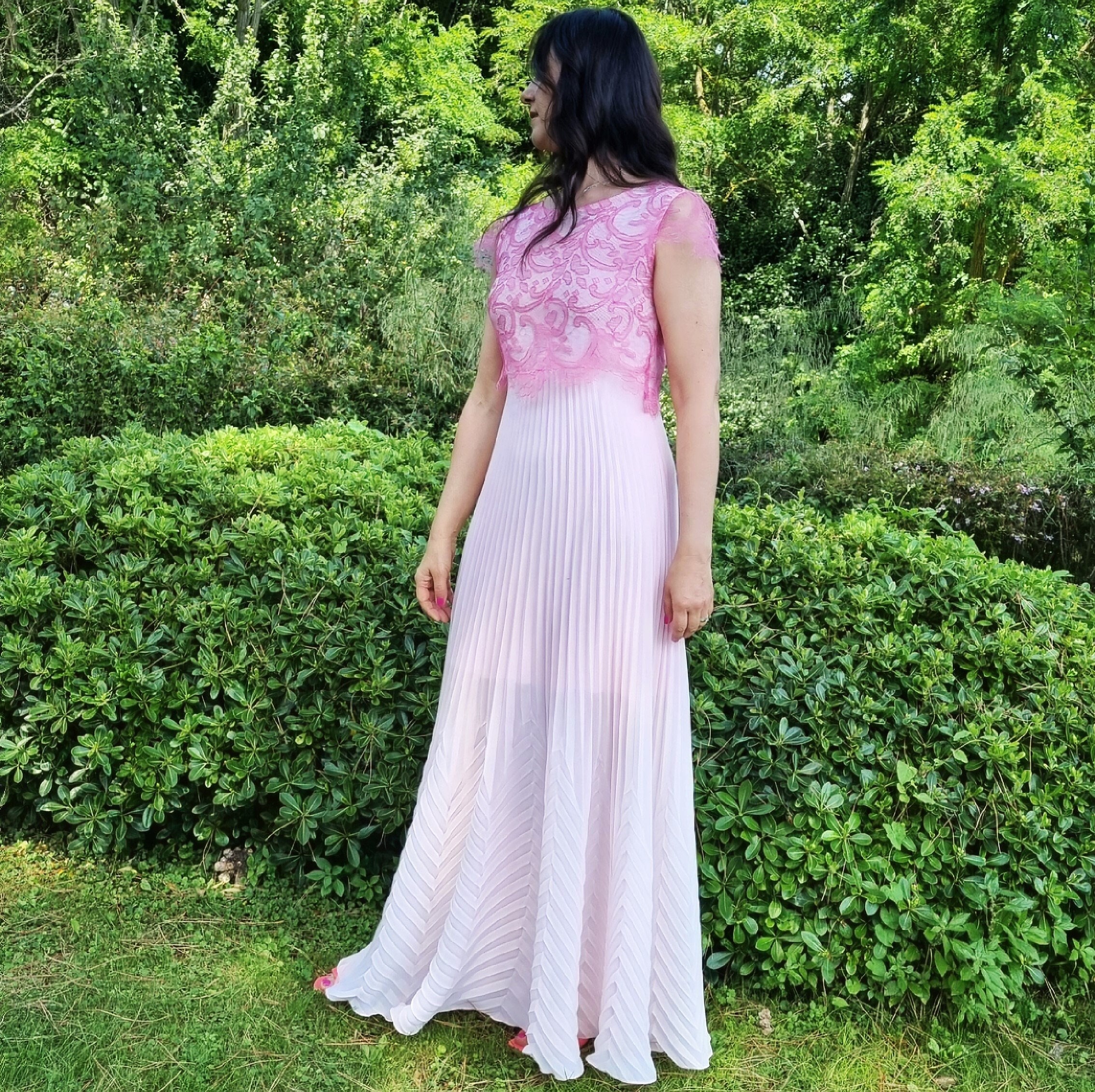 Long Pleated Pink Dress with Lace Corset/ Elegant Pink and Fuchsia Dress/ Pink Wedding Dress/ A-line Dress/ Luxury Dress