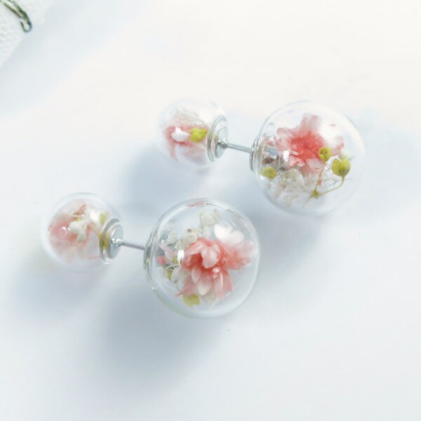 Real Flower earring, double side earring, Real Flower accessories, Pink Flower, Double side stud Earrings, Sakura Accessories