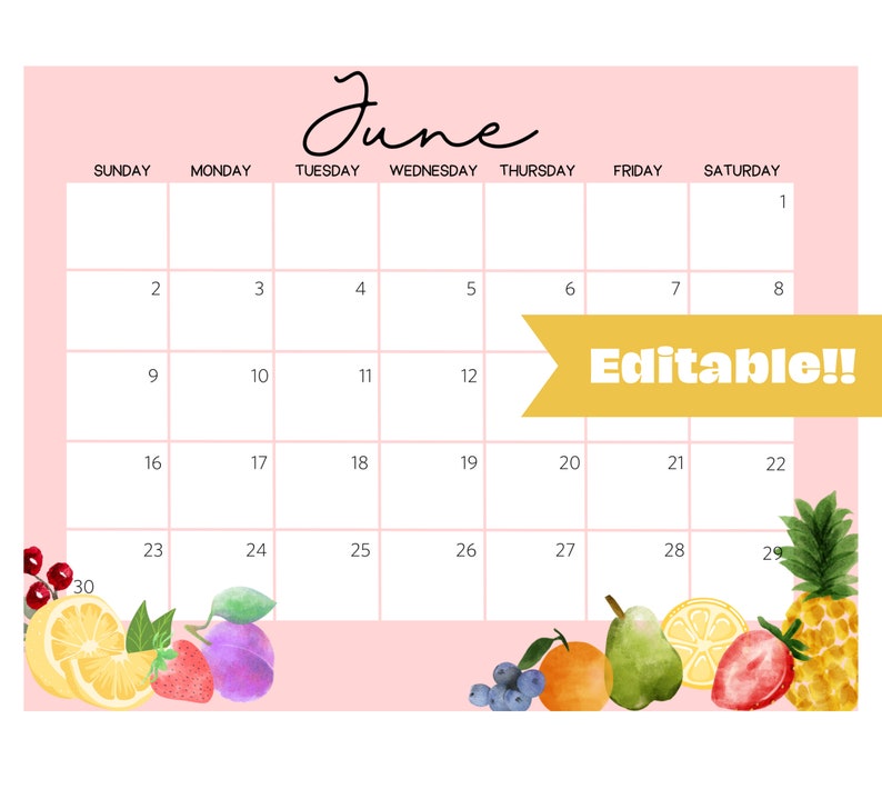 Printable June 2024 Calendar Watercolor Fruits Printable Etsy